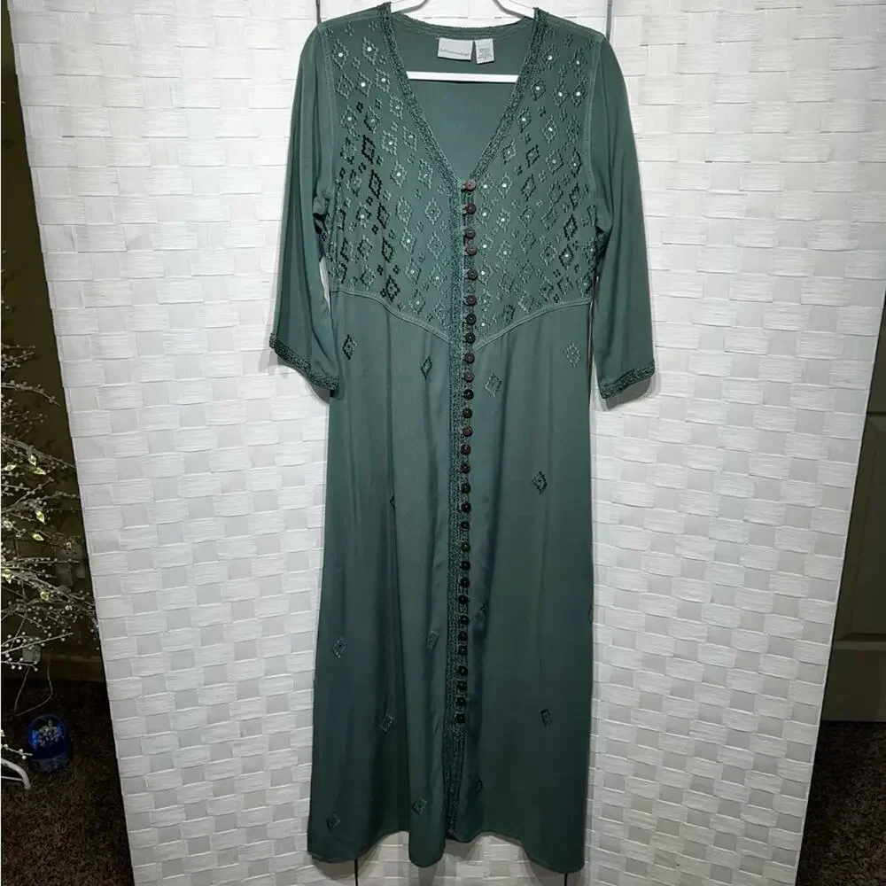 Soft Surroundings Womens Embroidered Sequin Kaftan Maxi Dress Size Small Green - Picture 7 of 11